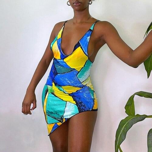 Hirigin Bodycon Dresses Women Sleeveless V Neck Contrast Color Printed Stylish Asymmetric Sundress Ladies Club Street Mini Dress