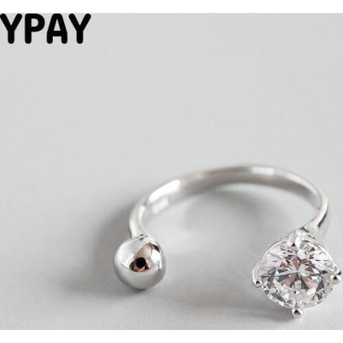 YPAY 100% Genuine 925 Sterling Silver Open Rings For Women Female Beads Zircon Adjustable Ring Sterling-Silver-Jewelry YMR624