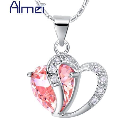 Almei 15% Rhinestone Suspension Pink Crystal Jewelry Blue Heart Pendant Bijouterie Silver Color Necklace Women Charm Choker N673