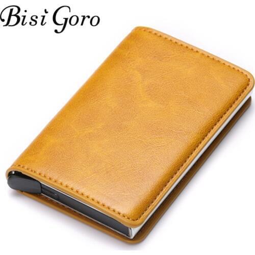 BISI GORO 2019 RFID Credit Card Holder Single Box Men And Women Vintage Mini Pu Leather Business Aluminium RFID Wallet Card Case
