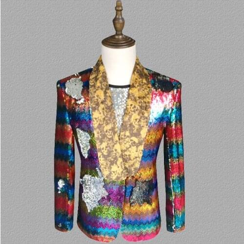 Colorful flip sequins blazer men suits designs jacket mens stage singers clothes dance star style dress punk rock masculino