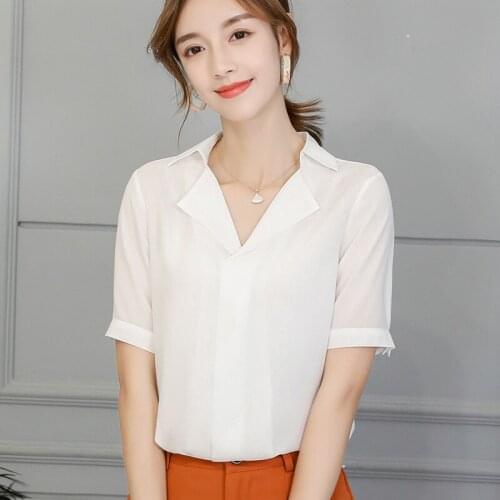 Blouses Women Short Sleeve High Quality All-match Trendy Solid Color V-Neck Slim Womens Clothing Korean Style Shirts Elegant Top