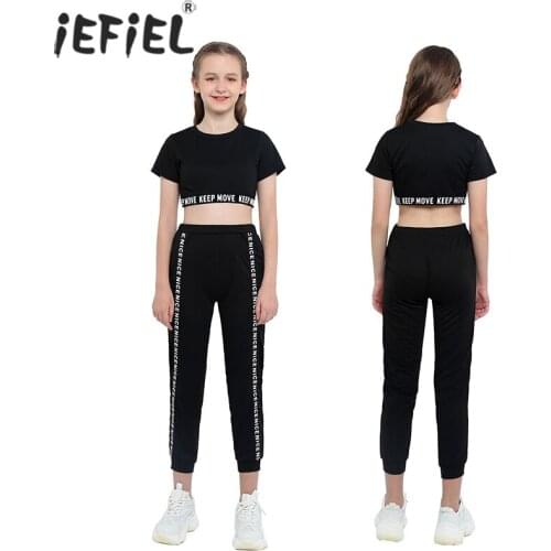 Kids Girls Clothes Sets Fashion Letter Print Short Sleeves Sport Tanks Crop Tops+Leggings Summer Workout Gym Dance Outfit 4-14Y