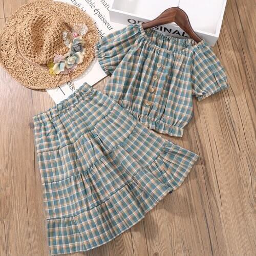 DFXD 2020 Summer Children Girls Clothing Set Fashion Korean Short Sleeve Plaid Tops Ruffles Skirts Two Piece Kids Suit 2-7T New