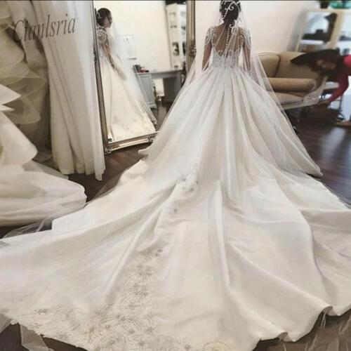 Elegant Royal Lace Wedding Dresses 2020 Dubai Bridal Gowns With Cathedral Train Appliques Illusion Back Button Robe De Mariee