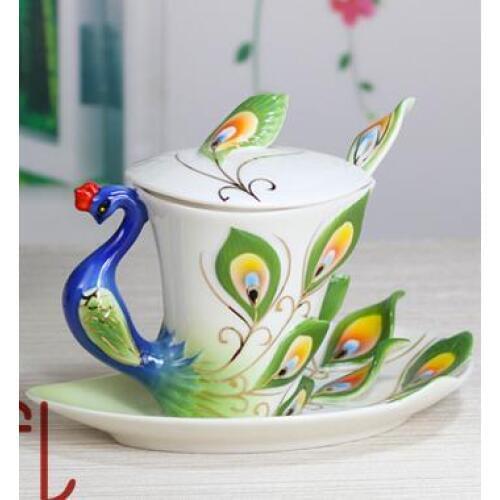 Hot sale Peacock Coffee Cup Creative Mug Bone China 3D Color Enamel Porcelain Saucer Spoon and Cover Coffee Ceramic Tea Sets