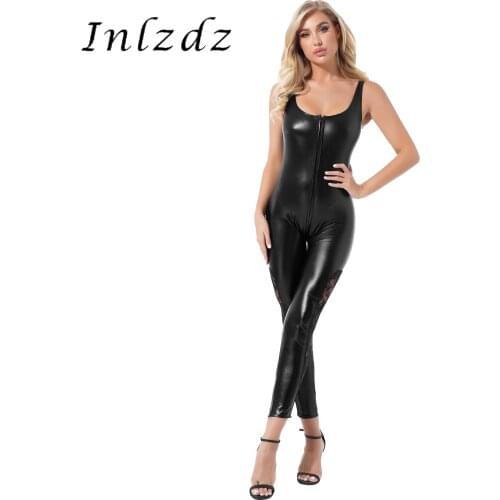 Womens Wet Look Patent Leather Zipper Jumpsuits Clubwear See-through Floral Lace Patchwork Pants Sleeveless Unitard Catsuit