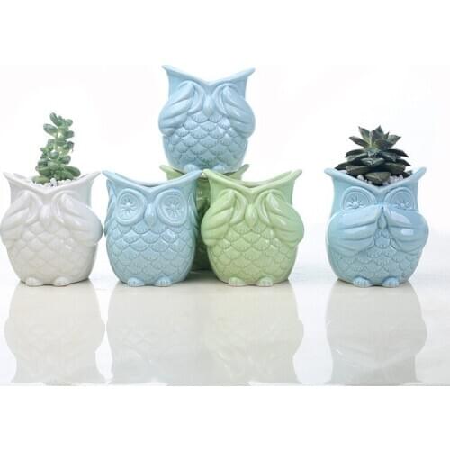 Three-piece Desktop Ceramic Owl Succulent Flower Pot Creative Balcony Home Gardening Green Plants White Potted Plants Glazed