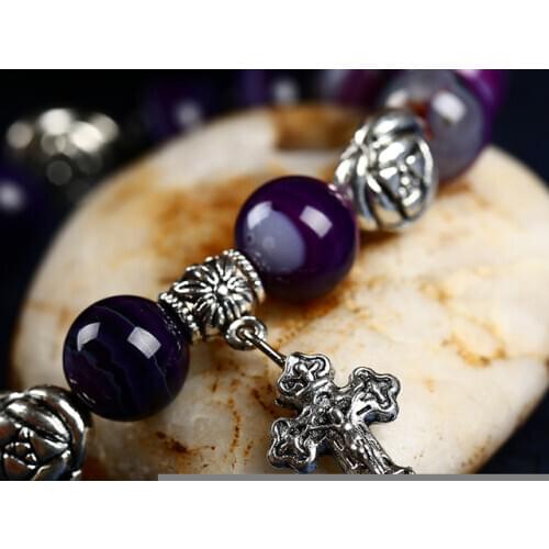 Natural Amethyst Agate Chalcedony Bracelet Lucky Stone Gemstone Bracelet 925 Silver cross Bracelet 10mm