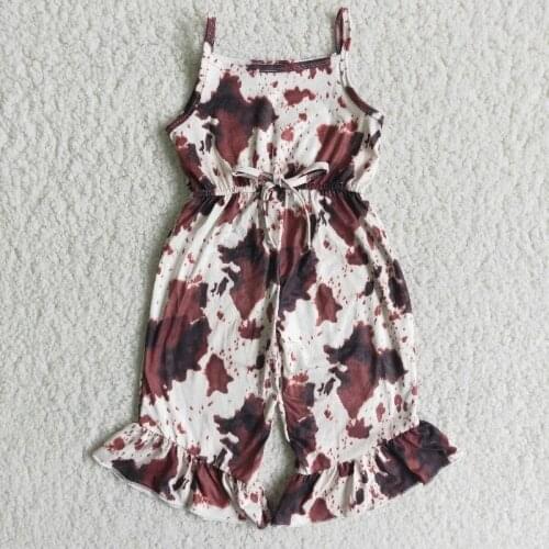 Wholesale Baby Girls Boutique Clothing Brown Cow Print Jumpsuit Belt Romper Newborn Infant Fashion Children Cute Sling Overalls