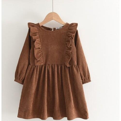 2021 Autumn Brown Summer Dress Girl Clothing Long Sleeve Prom Dress Children Clothes Girl Floral Dress For Girls For 3-8 Age