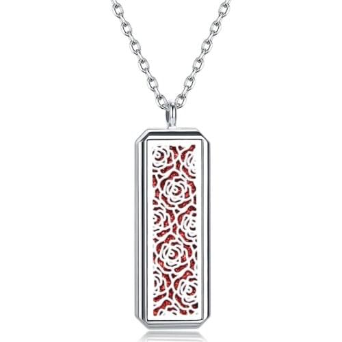 Charm Rectangle Rose Aroma Diffuser Locket Pendant Jewelry Stainless Steel Aromatherapy Perfume Necklace Essential Oil Locket
