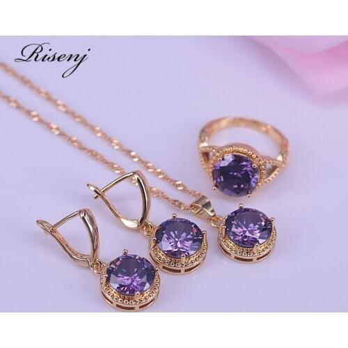 Risenj Many Colors Purple Crystal 18K Gold Jewelry Set For Women Earrings Ring Necklace Set Adjustable ring Bridal Jewelry