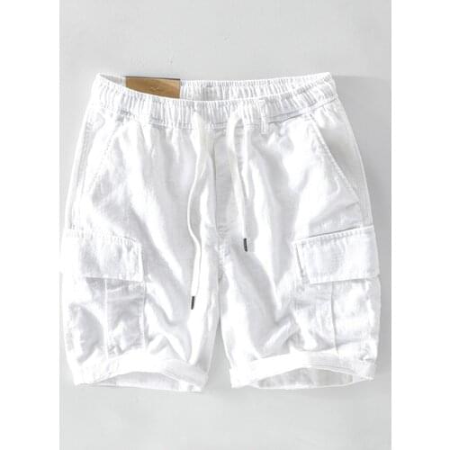 T116 Spring Summer Men Cargo Shorts Casual Minimalist Style Sport Multi-Pocket Drawstring Elastic Waist Cotton Linen Zipper 3XL