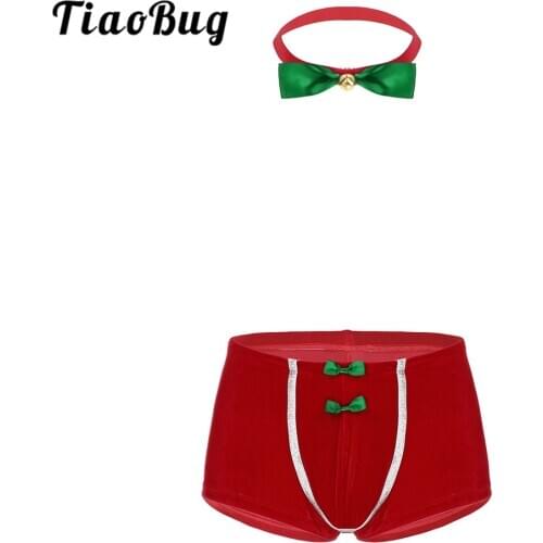 TiaoBug Mens Panties Red Soft Velvet Christmas Underwear Holiday Fancy Costume Bulge Pouch Boxer Shorts Underpants with Bowtie
