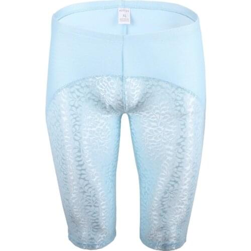 2XL Men Sleep Bottoms Lace Patchwork Gay Panties Sexy Bugle Pouch Pijama Sleepwear Long Boxer Shorts Casual Fitness Underpants