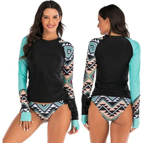 UV Rashguard Women Long Sleeve Swimsuit Sun Protection Rash Guard Zipper SwimwearTwo Pieces Print Surf Shirt Top Spa Bating