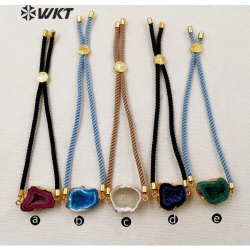 WT-B390 New ! Adjustable Rope Bracelet With Colorful Nylon Rope Irregular Shape Bracelet Natural Druzy Geode Fashion Bracelet
