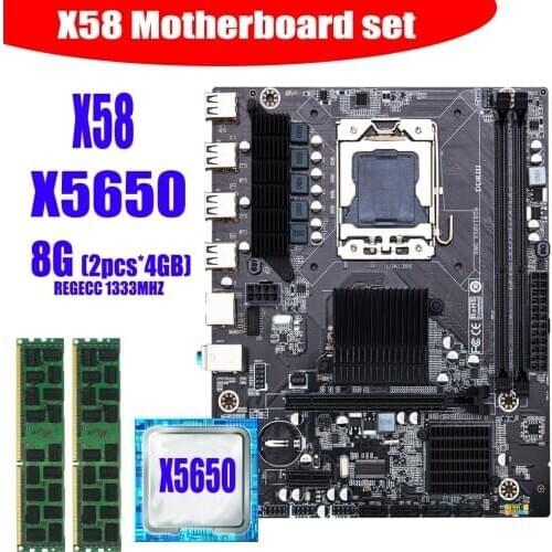 X58 desktop motherboard LGA1366 set kit with Intel xeon X5650 processor and 8Gb(2pcs*4GB) ECC DDR3 1333mhz 10600R RAM memory