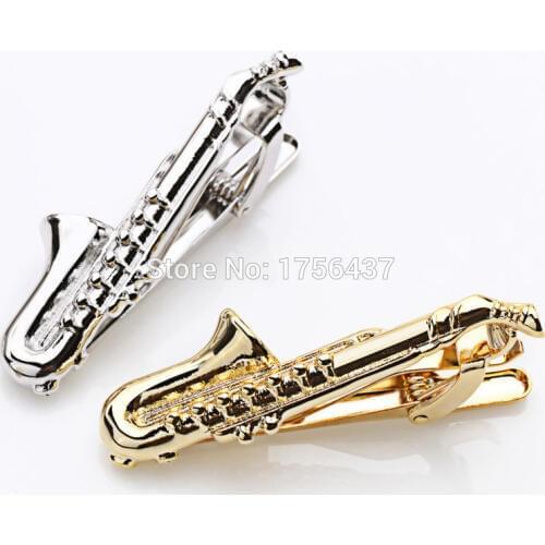 Hot Sale Gold & Silver Color Musical Sax Tie Bar for Mens Suit Clasp Clamp Clip For Men Business Wedding Tie Clips & Cufflinks