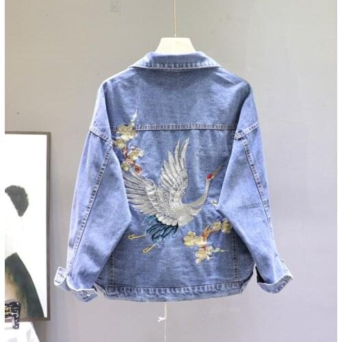 2020 Spring Loose-Fit Denim Jacket Womens Handsome Boyfriend Wind Heavy Embroidery Small Crane Fashion Black Jacket Female Coat