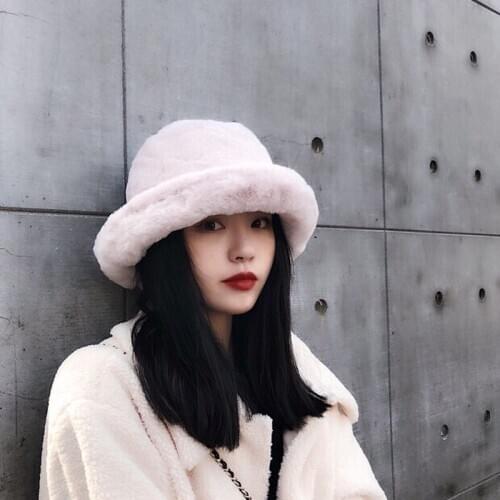 Winter Bucket Hat For Women Flat Top Cap Fur Thick Warm Plush bob Hats Casual Solid Color Ladies Fur All Matched Warm Hat