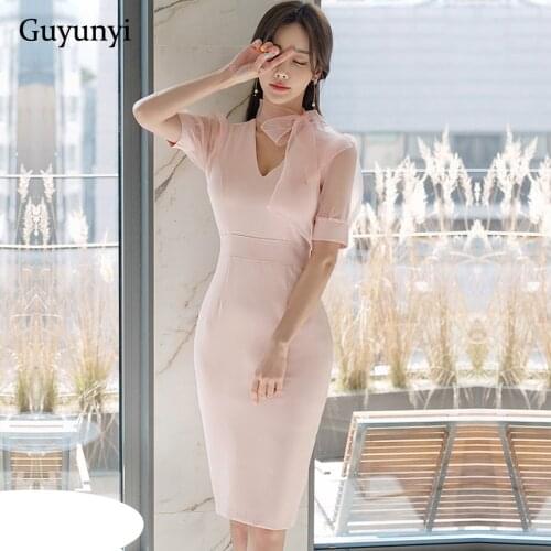 Elegant Office Lady Dress 2021 Summer Plain Korean Version Small Sexy Party Dress V-Neck Puff Sleeve High Waist Tight Dress