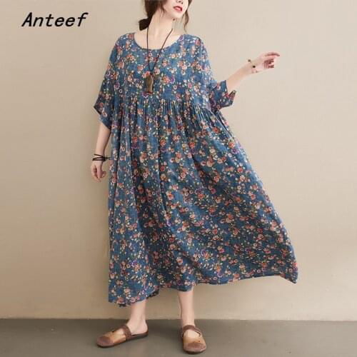 Short sleeve plus size cotton vintage floral dresses for women casual loose long woman summer sun dress elegant clothes 2021