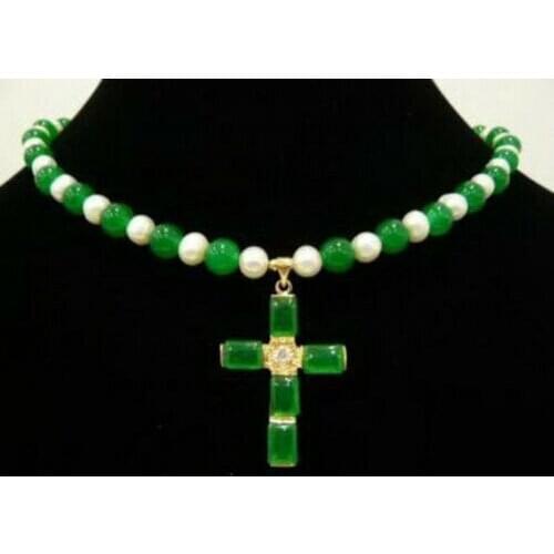 7-8mm Genuine White Pearl black Green Jade Crystal Cross Women Pendant Necklace