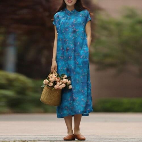 FairyNatural Ladies Chinese Style Dresses 2021 Summer Short Sleeve A Line Cheongsam Women Print Floral Ramie Button Dress Blue