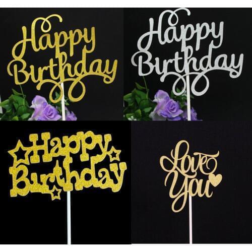 1 Pcs Cake Flags Letter Happy Birthday Gold Silver Cupcake Cake Topper For Birthday Wedding Party Decoration