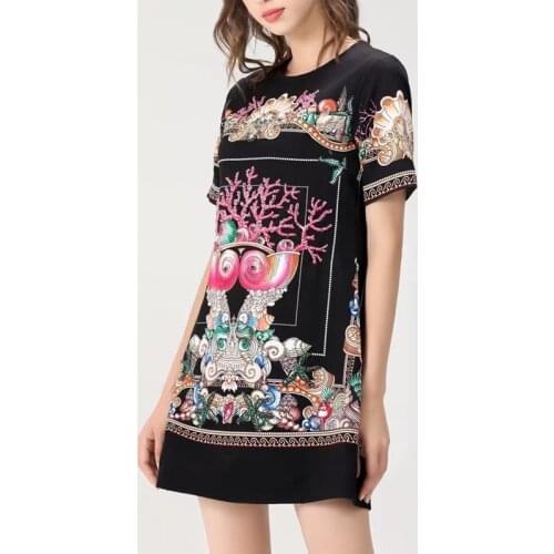 2021 Summer Fashion Mini Vintage Dress Women Beading Flowers Printed Black Half Sleeve High Quality Slim Short Dress