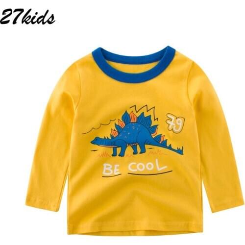 27kids Baby Boys Clothes Full Sleeves Childre Shirt Cotton Cartoons Dinosaur O-neck T Shirts teenagers Kids Tops for 2-9 years