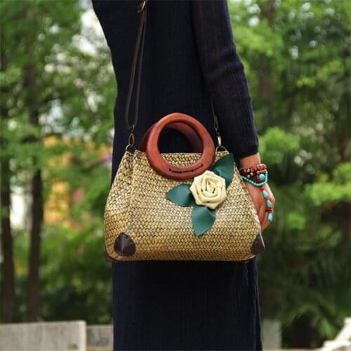 32x21CM Rattan Straw Bag Hand-woven Retro Vacation Women Handbag Shoulder Bags Messenger Bag a6116