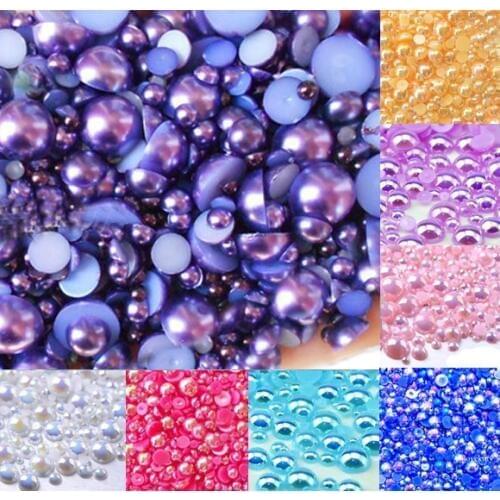 500Pc Mixed 2-10mm Dark Purple AB Half Round Pearl Beads Craft Cabochon Scrapbook Decoration Flatback Nail Art Garment Beads DIY