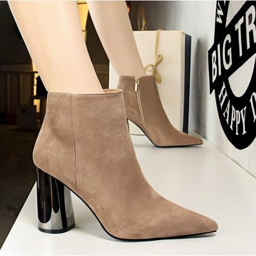 Ankle Length Flock Boots Women Fashion Pointed Toe High Heel Shoes Winter Ankle Boots Ladies Shoes 17221-1