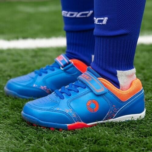 Indoor Blue Turf Soccer Shoes For Kids Comfortable Futsal Shoes Boy Non-Slip Short Spike Children Football Sneakers Futbol 2021