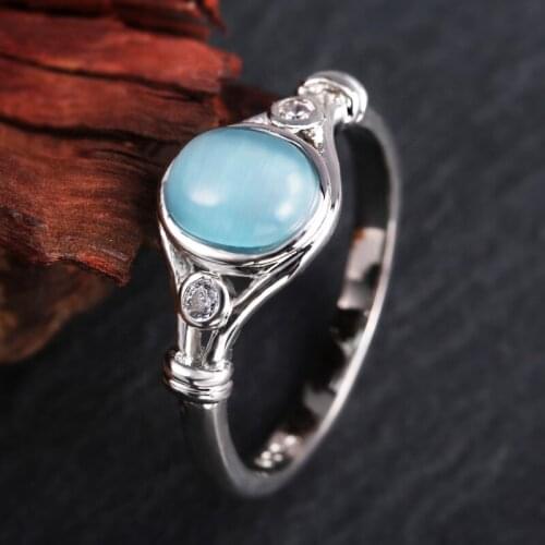 JK Simple Blue Imitation Opal Women Finger Rings Silver Color Vintage Anniversary Gift Ring Elegant Female Jewelry Wholesale