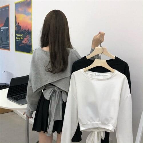 Cotton Sweet And Loose Short Cut-out Halter Straps Bow-knot Long-sleeved Sweater Womens Top Hoodie Ladies Pullover Cardigan