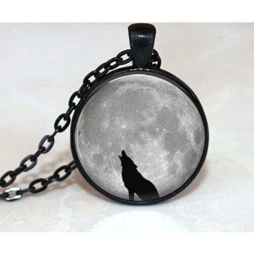 Fashion retro moon roaring wolf glass necklace personality pattern pendant female mens sweater chain bag charm car friends gift