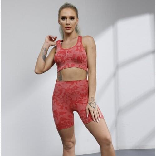 New Seamless Camouflage Womens Suit Yoga Set Workout Gym Clothing Fitness Breathable Soft Shorts+Padded Push Up Sport Bra
