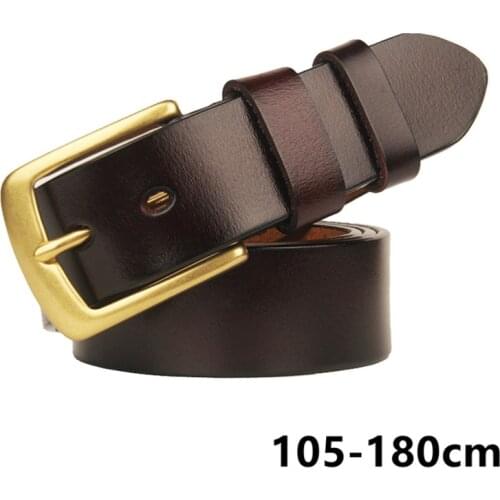 180cm Mens Genuine Leather Belt Pure Copper Belt Buckle Big Size Belts High Quality Cowskin Male Big Man Belt Strap Waistband