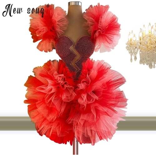 Luxury Red Beaded Short Prom Dresses with Ruffles 2021 Prom Gowns Pearls Cocktail Dresses Graduation Party Gowns