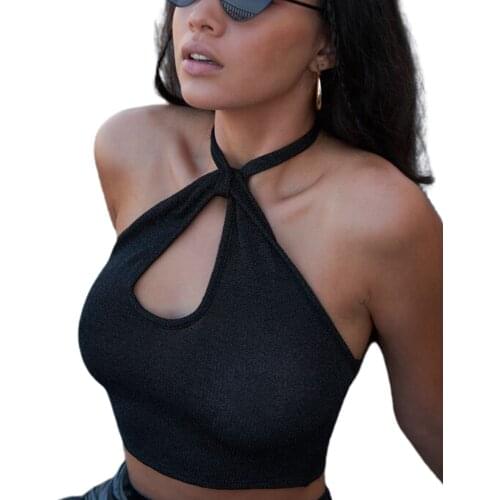 Sexy Women Polyester Casual Twist Halter Crop Tops Adults Summer Tie-up Solid Color Cutout Tank Tops