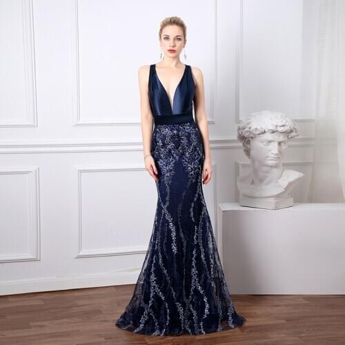 Sevintage Real Photos Satin Lace Evening Dress Mermaid Criss-Cross Back Appliques Prom Gowns V-neck Women Party Dresses Princess