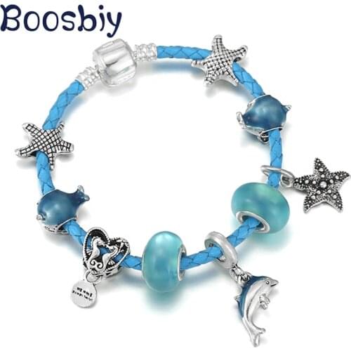 Cute Starfish & Dolphin Charm Pendants Fit Blue leather Charm Bracelet Fit Brand For Women New Design Ocean Style Jewelry Gift