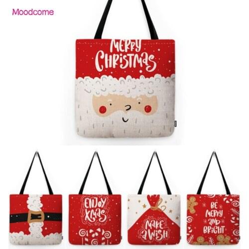 Red Joyful Christmas Santa Claus Xmas Gift Hand Bag Shopper Waterproof Cotton Linen High Quality Large Cute Shoulder Tote Bag