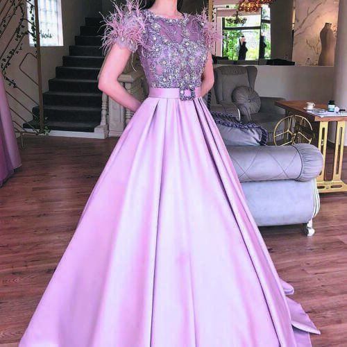 SuperKimJo Dusty Pink Prom Dresses Long Feather Beaded Elegant Crystals Prom Gown Vestidos De Fiesta De Noche Largos Elegantes