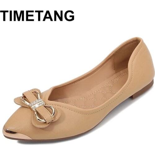TIMETANG Pointed Toe Women Shoes Casual Lady Flats Slip On Loafers Bow Spring Autumn Woman Shallow Single Shoes Low Solid Color