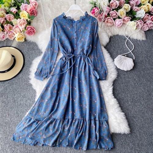 Party Long Sleeve Dresses Women Chiffon Floral Runway Spring Vintage Elegant Retro Dress 2021 Luxury A-Line Autumn High Waist